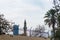 Contrasting view of a palm tree, a mosque and a sky scraper in Nicosia, Cyprus