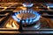 Controlled intensity Gas stove burner displaying a striking, blue flame