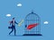 Controlling business freedom and liberation. Businessman unlocks a paper airplane in a cage