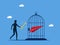 Controlling business freedom and liberation. man unlocks a paper airplane in a cage