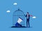 Controlling communications and advertising. Businessman locks a megaphone in a birdcage