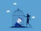 Controlling communications and advertising. woman locks a megaphone in a birdcage