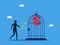 Controlling inflation and liberation. man unlocks money balloons in cage