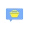 Conversation 3d bubble with basket vector icon. Blue online message with yellow container symbol new purchase and order.