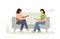 Conversation of friends. Two female characters are sitting on the sofa, smiling, talking.