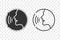 Conversation icons. Podcast icon. Talking human side profile. sound waves. Voice recognition, singing, Voice control, noise concep