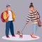 After a conversation, a woman with a bag and a dog departs from a guy with a backpack, vector illustration