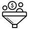 Conversion dollar vector icon. Black and white funnel and money illustration. Outline linear finance icon.