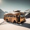 Converted School Bus Parked on a Remote Mountain Pass with Alpine Landscape