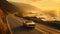 A convertible cruising along a coastal highway, basking in the golden glow of a summer sunset