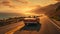 A convertible cruising along a coastal highway, basking in the golden glow of a summer sunset