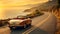 A convertible cruising along a coastal highway, basking in the golden glow of a summer sunset