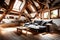 A convertible futon sofa in a cozy attic space with wooden beams