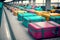 Conveyor belt with bright suitcases for traveling in airport baggage claim area