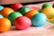 conveyor belt on easter eggs coloring. lots multicolor easter eggs in row