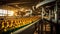 Conveyor belt for vegetable oil bottles inside a vegetable oil production factory. Generative Ai