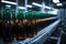 Conveyor belts shallow DOF spotlights beer bottles, showcasing manufacturing intricacies with focus