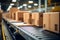 Conveyor line with cardboard boxes on it in distribution warehouse