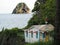 The convict`s house and the Diamond Rock on the island of Martinique in the French West Indies