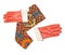 Convolute bright patterned scarf and orange gloves