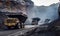 A Convoy of Dump Trucks on a Dusty Path