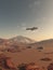 Convoy of Future Tanks and Spaceship crossing a Red Desert Planet