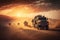 convoy of military trucks driving through a dusty desert with a stunning sunset in the background