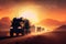 convoy of military trucks driving through a dusty desert with a stunning sunset in the background