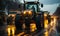 Convoy of Modern Agricultural Tractors on a Wet Road at Twilight, Representing Farming Machinery in Action During Seasonal