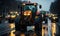 Convoy of Modern Agricultural Tractors on a Wet Road at Twilight, Representing Farming Machinery in Action During Seasonal