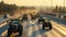 A convoy of tractors driving in a line on a highway during a peaceful protest, with a crowd of supporters and a setting