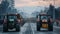 A convoy of tractors driving in a line on a highway during a peaceful protest, with a crowd of supporters and a setting