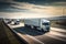 A convoy of white trucks rides along the highway. Generative ai
