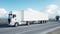 Convoy of white trucks. semi trailer on the road, highway. Transports, logistics concept. 4K realistic animation.