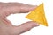 Coock hold in hand triangular corn tortilla chip  with cheese  and chili isolated