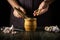 The cook adds the garlic to a wooden mortar before crushing. We are preparing a national dish. Close-up of a chef hands while