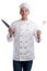 Cook apprentice trainee cooking with knife wooden spoon job young isolated