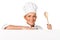 Cook, chef or baker holding wooden spoon