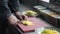 Cook chops celery root sticks.