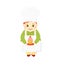 Cook confectioner in uniform holding a cake. Cooking sweets. Dessert recipe. Cute fat chef in a cook hat