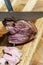 Cook cuts sliced meat picanha