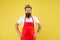Cook food. Cook with beard and mustache yellow background. Royal recipe. Man king cook wear cooking apron and golden