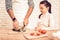 Cook Food at Home. Happy Family. Father`s Day. Girl and Man Cook Food. Man and Child at Table. Spend Time Together. Sliced