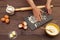 Cook hands flour dough board on wooden table