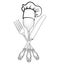 Cook hat over Spoon, Fork, Knife hand drawing sketch label. Cutlery icon collection. Vector Catering outdoor events and