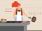 Cook meat vector illustration, cartoon happy woman character in apron cooking, grilling meat steak in home kitchen room