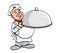 cook with metal tray with cover - chef holding a big metal tray with lid, cartoon color vector illustration