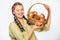 Cook recipe concept. Woman villager carry basket natural fruits. Woman gardener rustic style hold basket with apples on