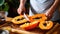 Cook slicing Papayas into slices