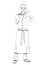 Cook standing front side, coloring, vector outline portrait male chef full-length, black and white painted human in a chef s form,